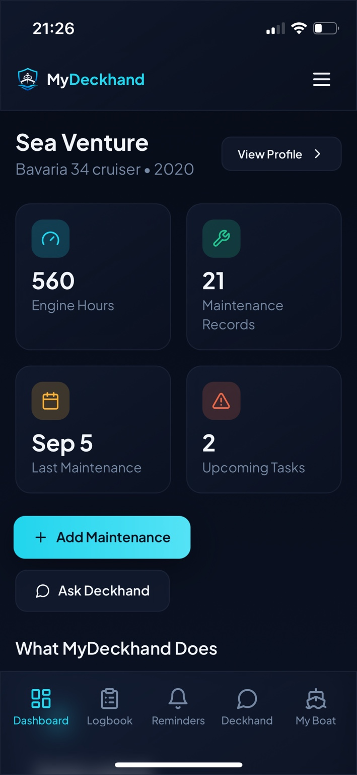 MyDeckhand app dashboard showing engine hours, maintenance records and upcoming tasks