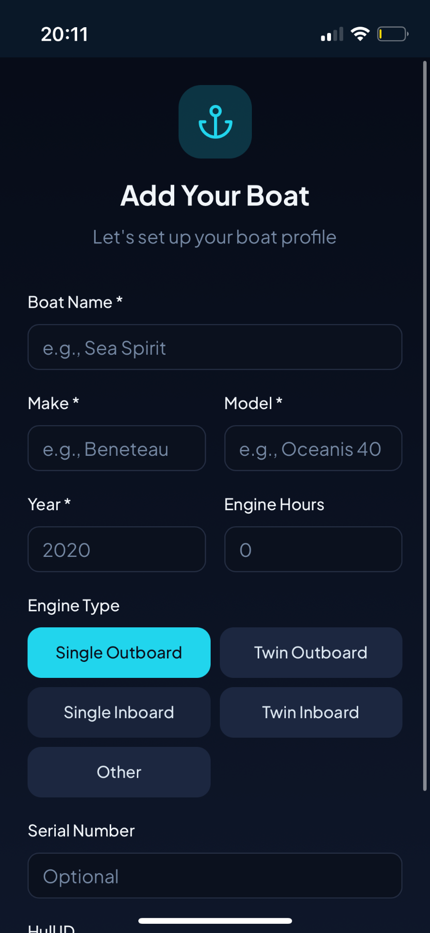 Boat profile in MyDeckhand showing make, model, year and engine type