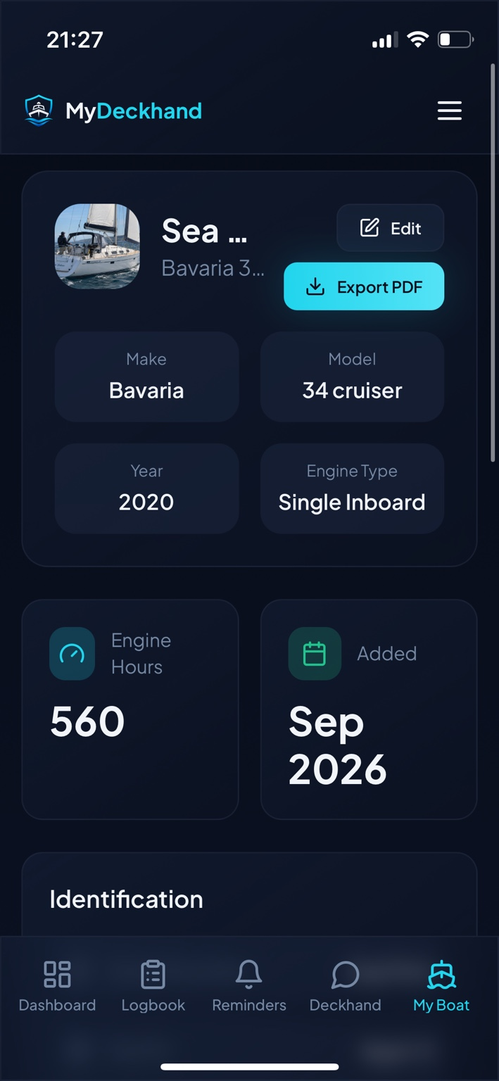 Boat profile in MyDeckhand showing make, model, year and engine type